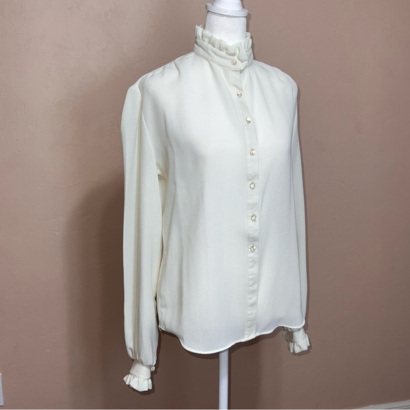 Vintage That’s Me! USA Button-Down High Neck Ruffled Sheer Blouse 100% Polyester - Picture 3 of 9